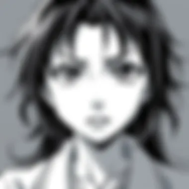 A black-and-white illustration of a classic anime character showcasing emotional depth and detail in their expression.