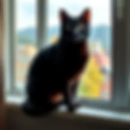 Black cat sitting gracefully A sleek black cat sitting on a windowsill, looking out at the scenery with a calm expression.