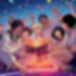 A group of fans joyfully discussing Black Clover's final chapters, with smiles and excitement, surrounded by manga volumes