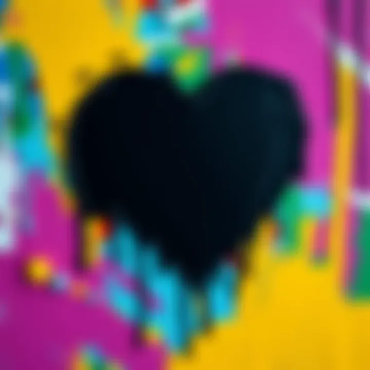 A black heart symbol painted on a colorful canvas, representing emotions and art