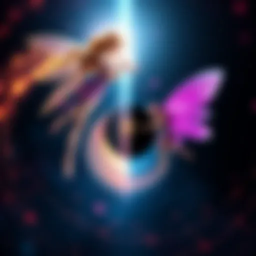 A visual comparison of a black hole and a whimsical fairy surrounded by sparkling light, showcasing the contrast between science and fantasy.