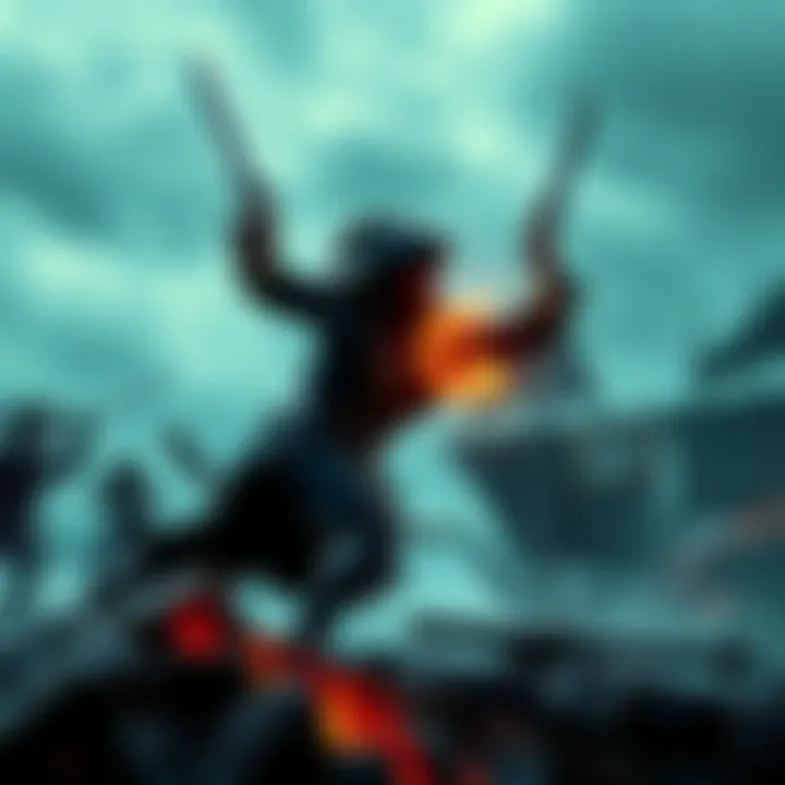 Blackbeard in Battle Blackbeard, the famous pirate, engages in a fierce fight against a strong solo opponent on a rugged shoreline.