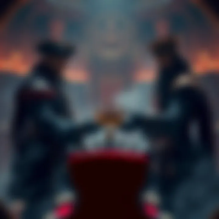Blackbeard stands confidently in a throne room facing Imu, who holds out a crown with a serious expression, as tension fills the air