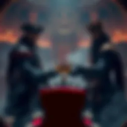 Blackbeard and Imu in the throne room Blackbeard stands confidently in a throne room facing Imu, who holds out a crown with a serious expression, as tension fills the air