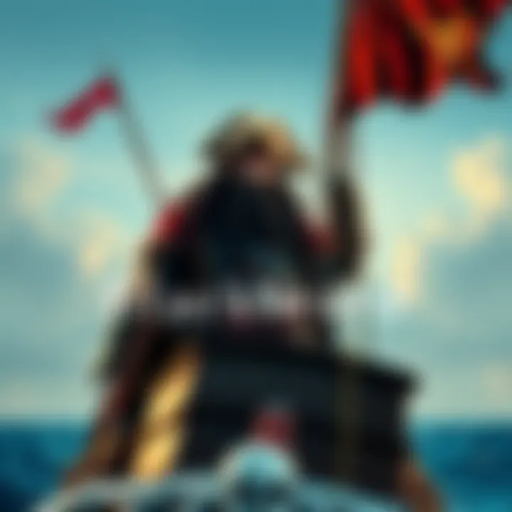 Blackbeard stands proudly on his pirate ship, with a fierce expression and a waving flag behind him.