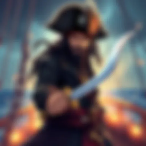 Illustration of Blackbeard, a notorious pirate with long, black hair and a beard, wearing a tricorn hat and holding a sword on a ship's deck