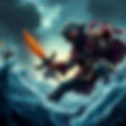 A fierce fight scene showing Blackbeard, the notorious pirate, facing off against contemporary rivals on a stormy sea.