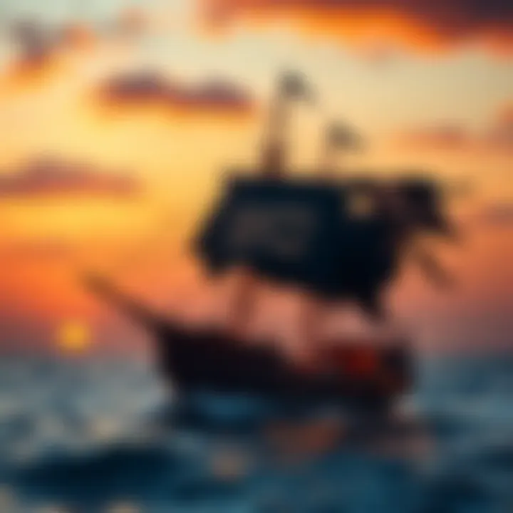 A pirate ship sails on the sea with Blackbeard's flag waving, symbolizing his famous quote 'Dreams never end'.