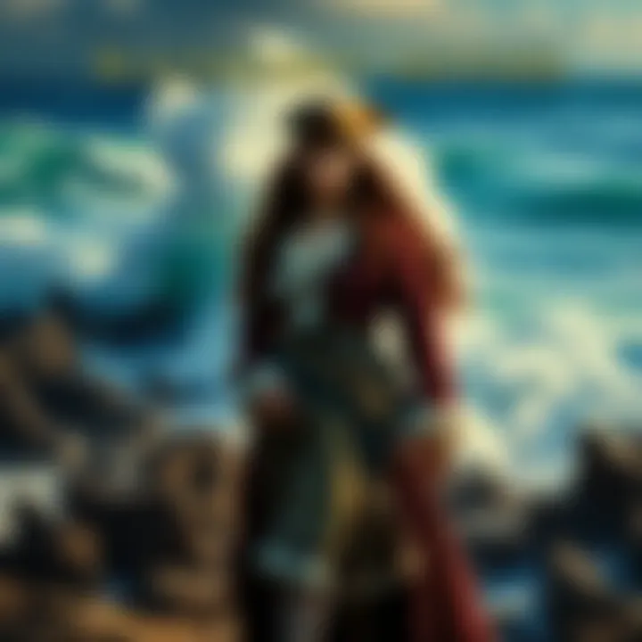 A depiction of a woman in 18th-century attire, standing on a rugged coastline with waves crashing behind her, symbolizing the legacy of Blackbeard and familial connections.