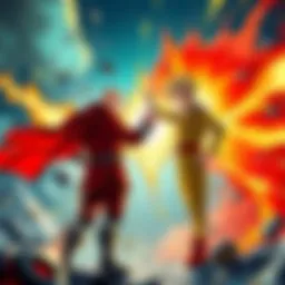 Blast and Gojo Face Off Blast from One Punch Man prepares to attack Gojo, who stands confidently behind his Infinity barrier, creating a tense standoff between the two powerful characters.