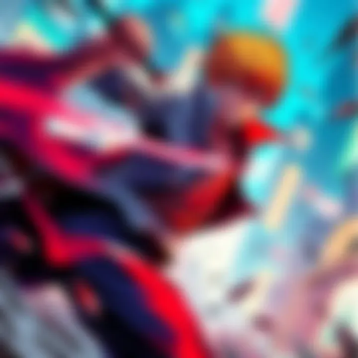 A character from the Bleach game engaging in battle with a vibrant background featuring iconic elements from the series.
