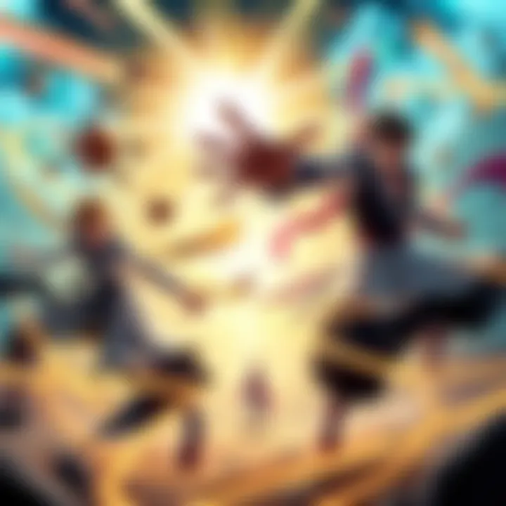 A dynamic scene showing characters inspired by Bleach and Dragon Ball Xenoverse, featuring vibrant energy attacks and combat moves.