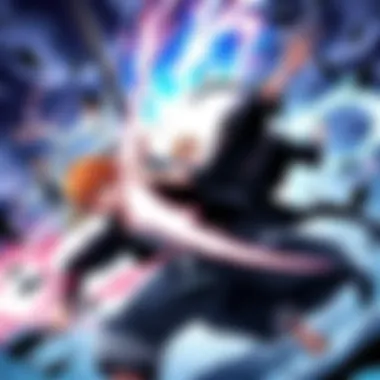 A dynamic scene featuring key characters from Bleach in an intense battle, showcasing their unique abilities and powers.