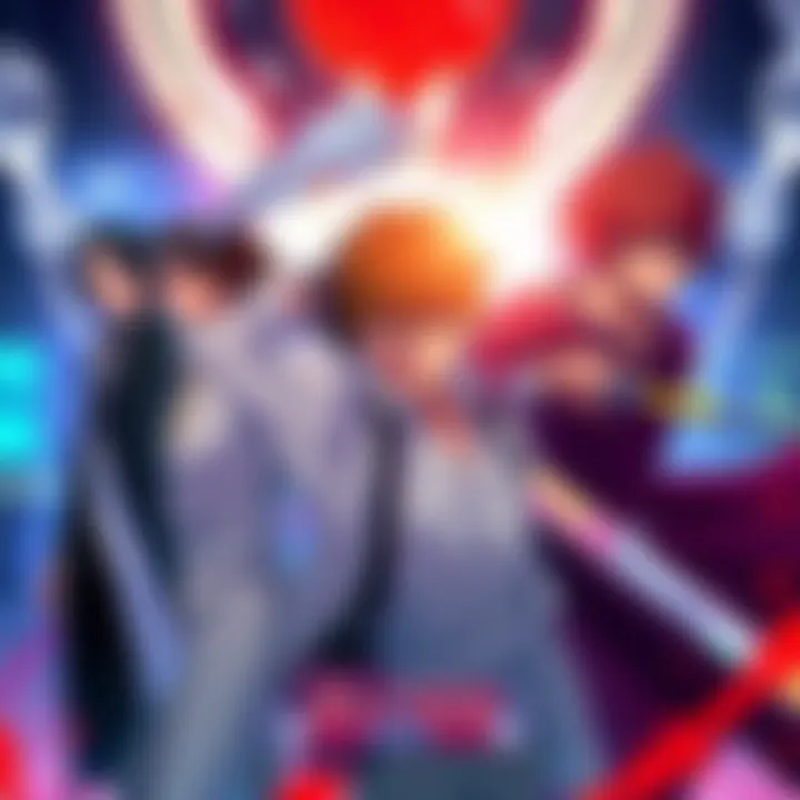 A promotional poster featuring characters from the Bleach anime series, highlighting its vibrant art style and action scenes.
