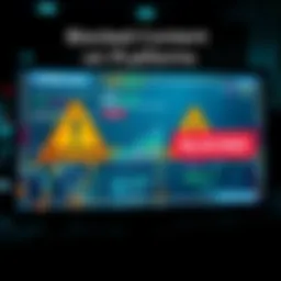 A graphic showing warning signs on a digital screen, symbolizing blocked content on social media platforms.