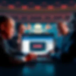 A group of lawmakers discussing a new bill to block access to foreign piracy websites while looking at a laptop screen showing blocked website notifications.