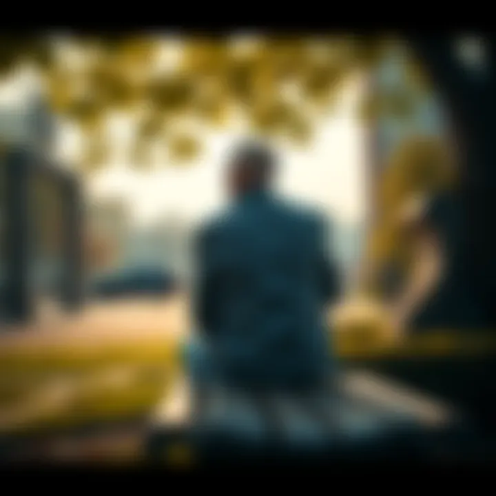A blond man sitting on a park bench, looking thoughtful and contemplative while surrounded by nature, symbolizing his character growth in 2025.