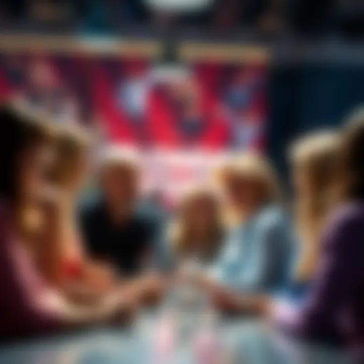 A group of people discussing their favorite blonde icons in a lively setting
