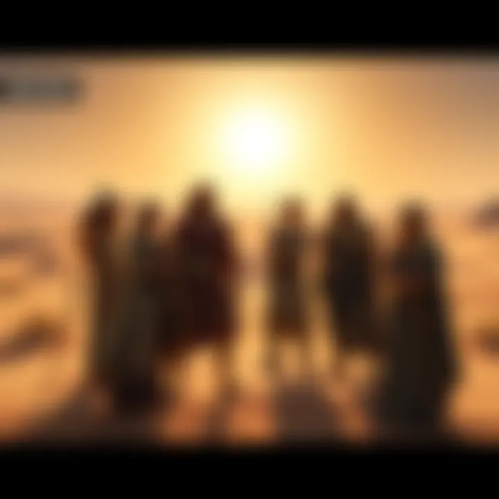 A group of blonde characters dressed in ancient-style clothing standing in a sandy desert landscape with a bright sun overhead