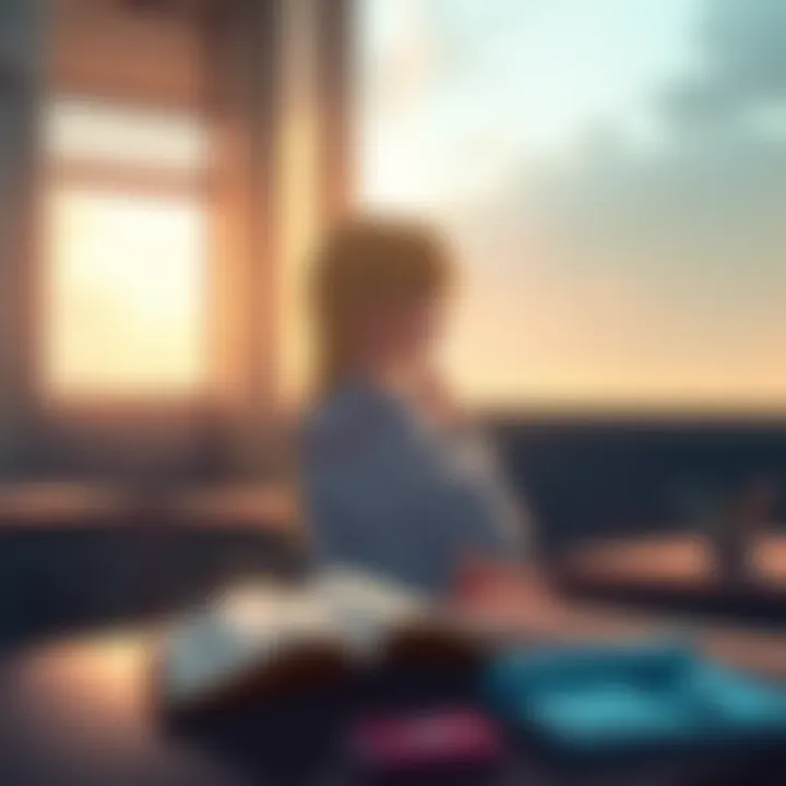A blonde student sits in a classroom, looking pensively out the window, reflecting on her mother's absence, with her schoolbooks open in front of her.