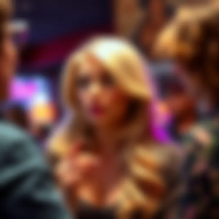 A blonde woman talking with friends, showcasing expressions of curiosity and amusement, emphasizing societal perceptions around hair color.