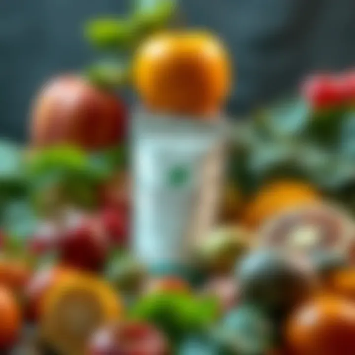 A sleek package of Blondemune displayed with fresh fruits and greens, symbolizing health and wellness.