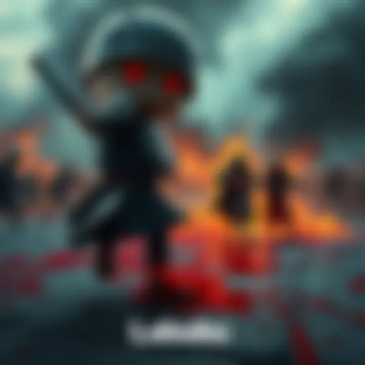 A scene depicting the intense moments of conflict in Labubu, showcasing characters in a dramatic standoff, blood visibly on the ground, hinting at the story's violent theme.