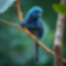 A Blue Armless Acca Howler perched on a tree branch, showcasing its vibrant blue features and unique shape.
