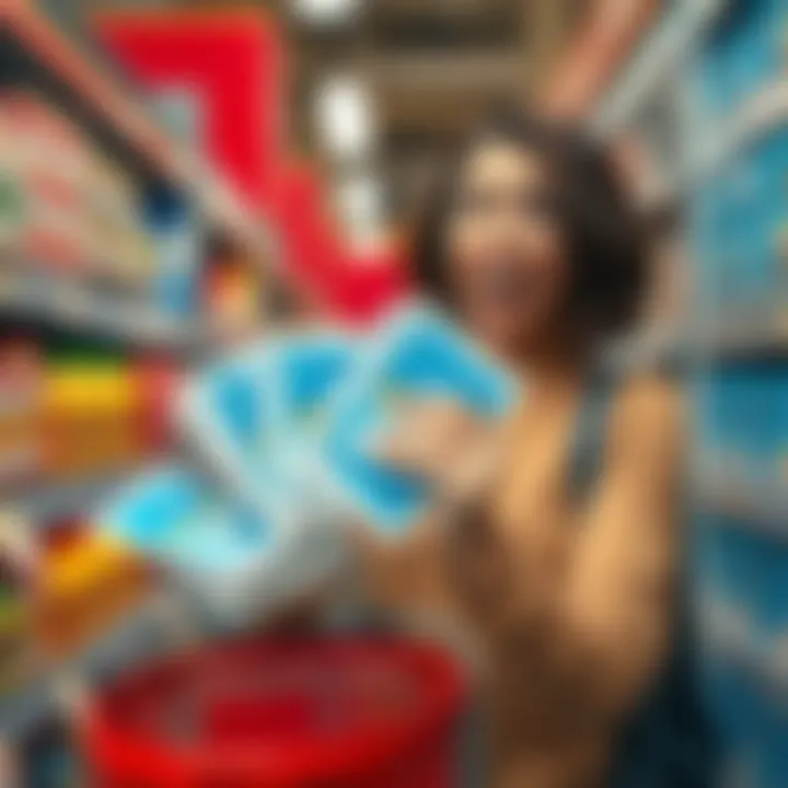 A shopper holding Blue Box Cards in a Southern California supermarket aisle, showing excitement and surprise.
