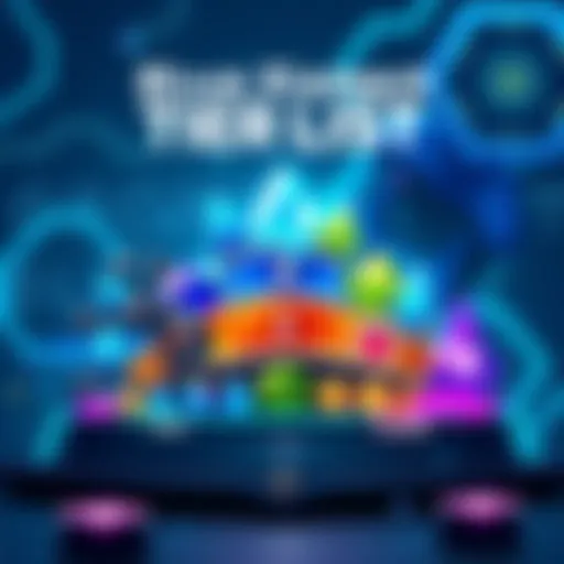 A colorful illustration showing various blue elements arranged in tiers, highlighting their strength and strategic importance in gameplay, with a gaming background.