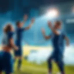 A group of Blue Lock players joyfully celebrating a goal with high-fives and cheers on the field.