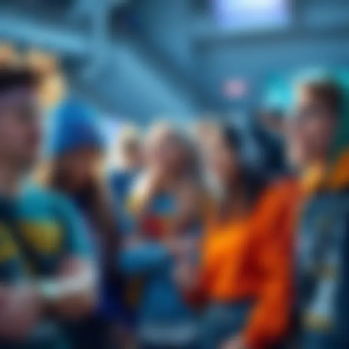 A diverse group of Blue Lock fans showcasing various gender identities, engaged in discussion and wearing merchandise, with a vibrant community vibe