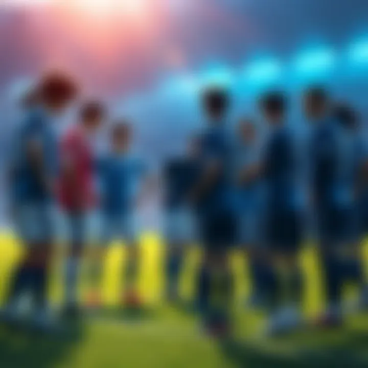 A dynamic soccer scene showing diverse players strategizing in a huddle during a game, emphasizing teamwork over individual stars.