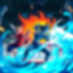 Blue Shanks in Action Blue Shanks attacking with a devil fruit power, standing against Law and BB in a game setting.