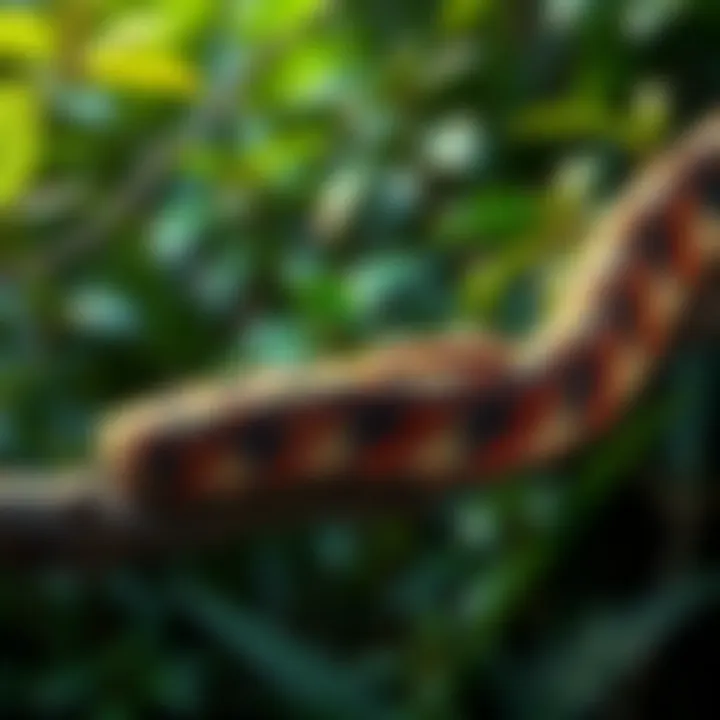 A boa constrictor resting on a branch in a lush green environment, showcasing its natural colors and patterns.