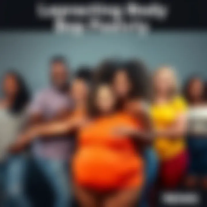 A diverse group of people of different sizes and backgrounds smiling and embracing each other, symbolizing body positivity and self-acceptance.