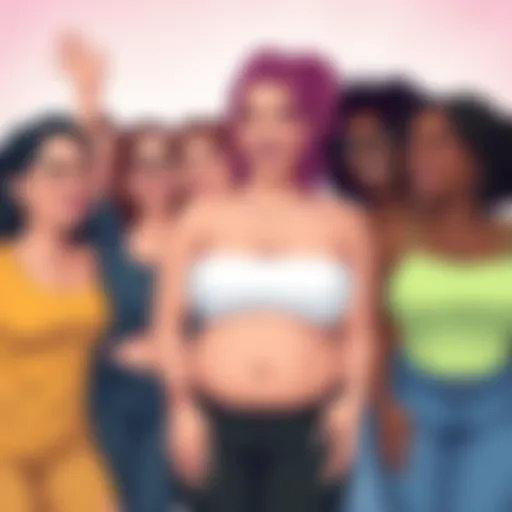 Body Acceptance Illustration A diverse group of people celebrating body positivity with medium-sized breasts among them, smiling and embracing their uniqueness.