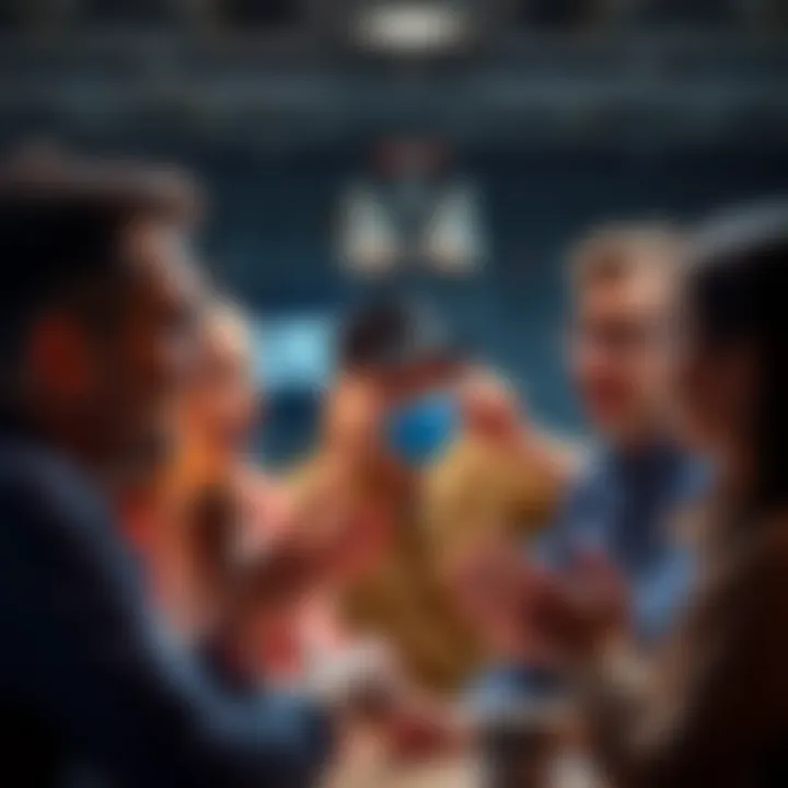 Body language in conversation A group of people engaged in conversation using various gestures and facial expressions to communicate non-verbally