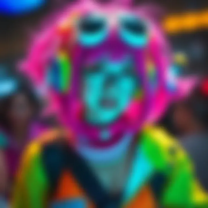 A vibrant and detailed Bae cosplay featuring bright colors and unique accessories, showcasing creativity and fun