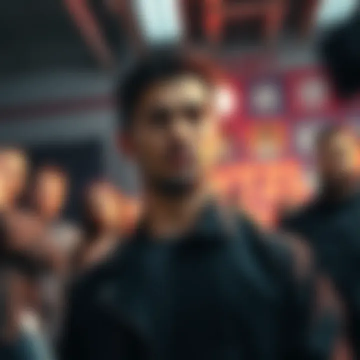 A person stands confidently after responding to a provocation, with an intense expression as onlookers react in surprise.