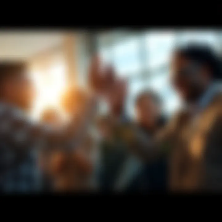A group of diverse people celebrating success with high-fives and smiles, showcasing teamwork and confidence in their achievements.