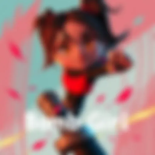 A dynamic character from Bomb Girl, featuring bold colors and an energetic pose, set against an abstract background.