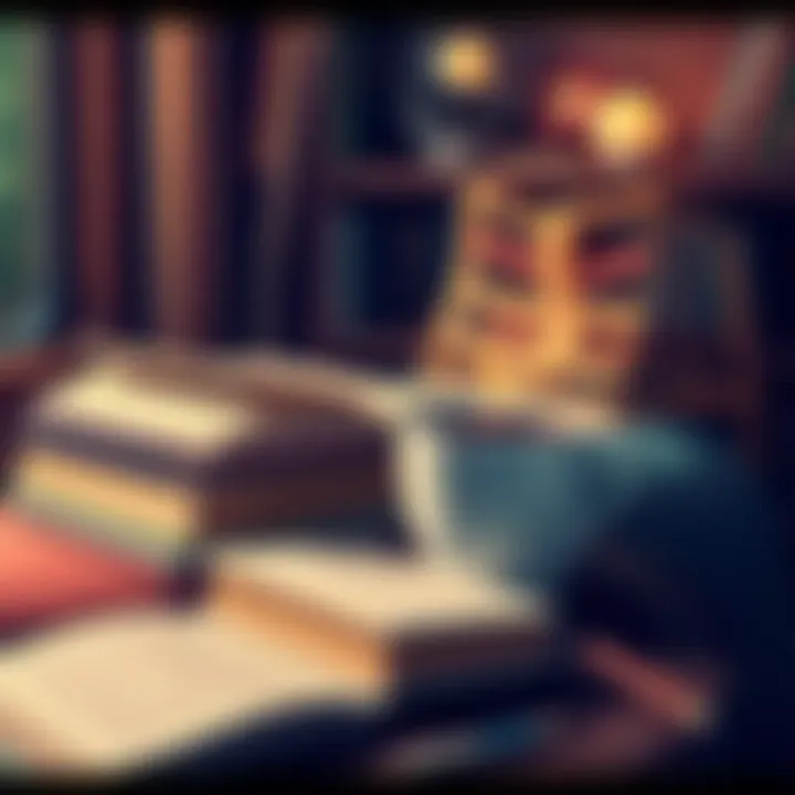 A cozy reading nook with a stack of books and a steaming cup of coffee on a table