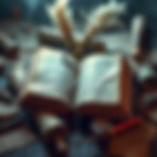An open book surrounded by ancient scrolls and quills, representing storytelling and lore