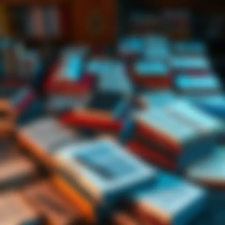 A table covered with various books and notebooks, showcasing different written versions and texts for comparison.