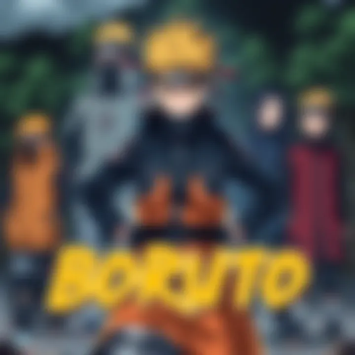 Boruto confidently poses with original characters fading into the background, emphasizing his rise