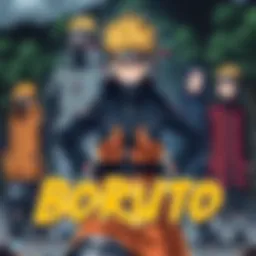 Boruto standing strong Boruto confidently poses with original characters fading into the background, emphasizing his rise
