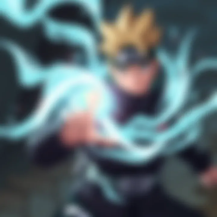 Boruto performing a refined version of Rasengan with energy swirling around his fingertips, demonstrating precision and control