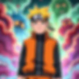 Boruto Uzumaki with a determined expression Boruto Uzumaki stands confidently, showcasing a determined look, amidst a colorful anime background