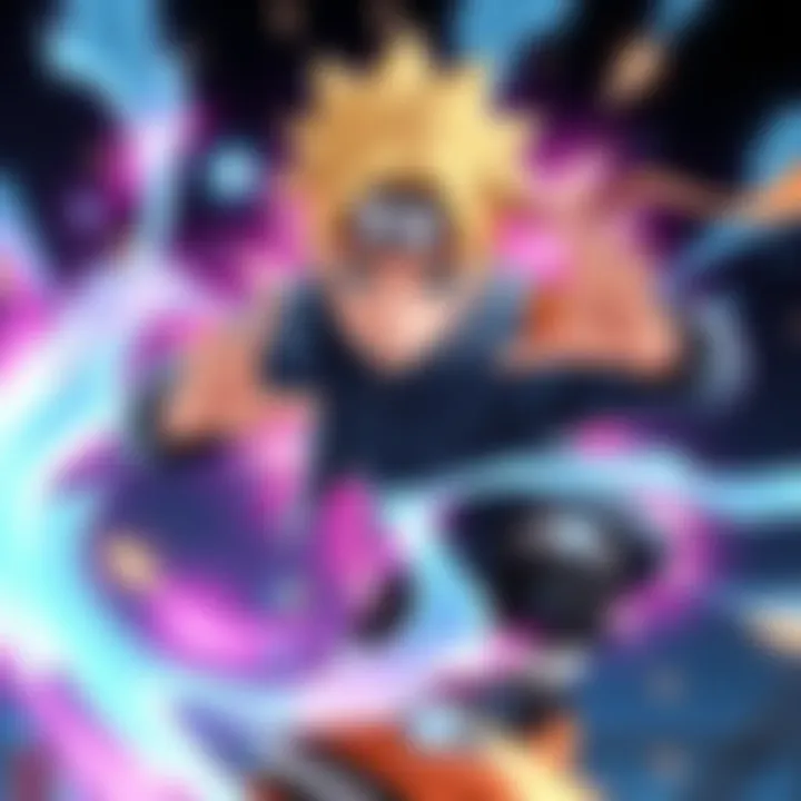 Boruto Uzumaki, a young ninja with blond hair and a blue jacket, performing a jutsu attack while surrounded by vibrant energy effects